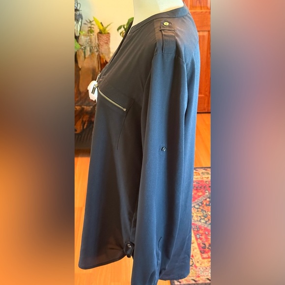 CALVIN KLEIN Women Thin Light Slippery Poly Blouse 2-Way Sleeve Black/Gray Med - Picture 10 of 11